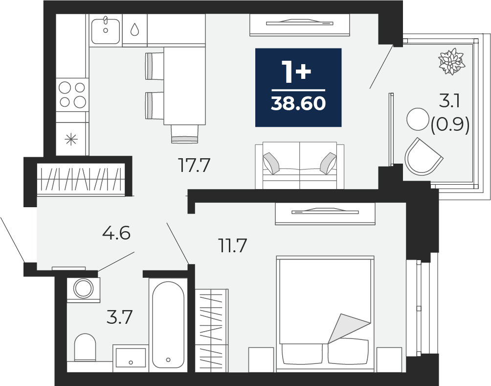 Планировка: Евродвушка 40.8 м² в ЖК Мириады, Мыс