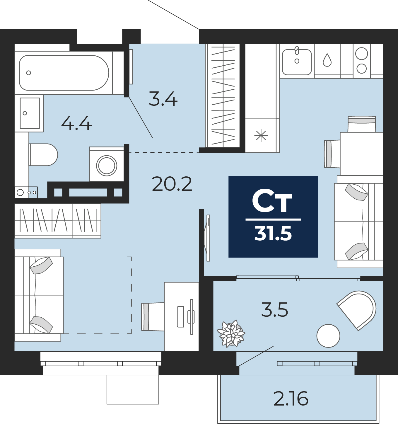 Планировка: Студия 34.5 м² в ЖК Беринг, Лесобаза