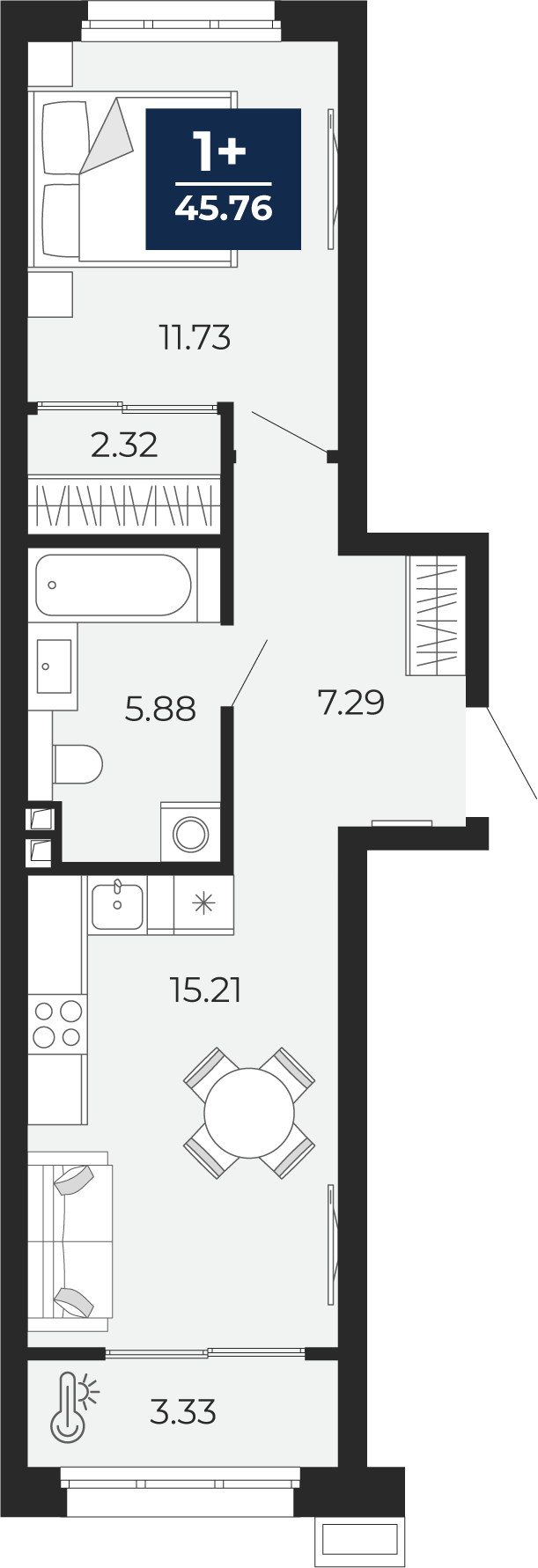 Планировка: Евродвушка 45.8 м² в ЖК Беринг, Лесобаза