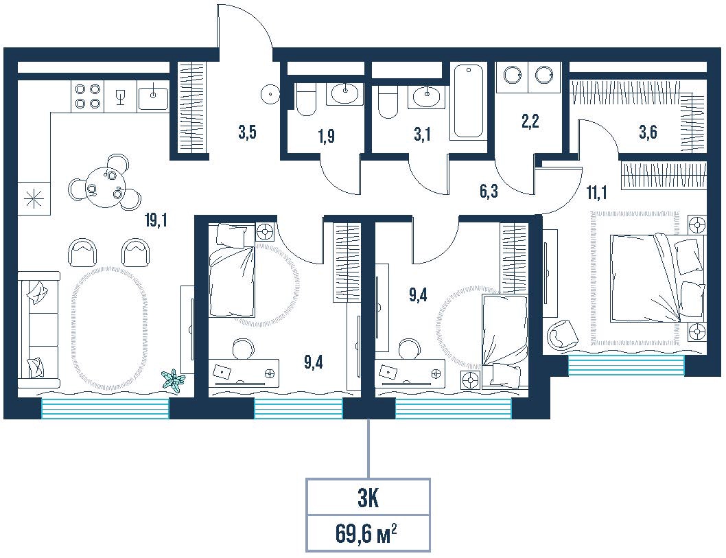 Планировка: 4-комнатная евро 69.6 м² в ЖК AIRIS, Комарово Парк