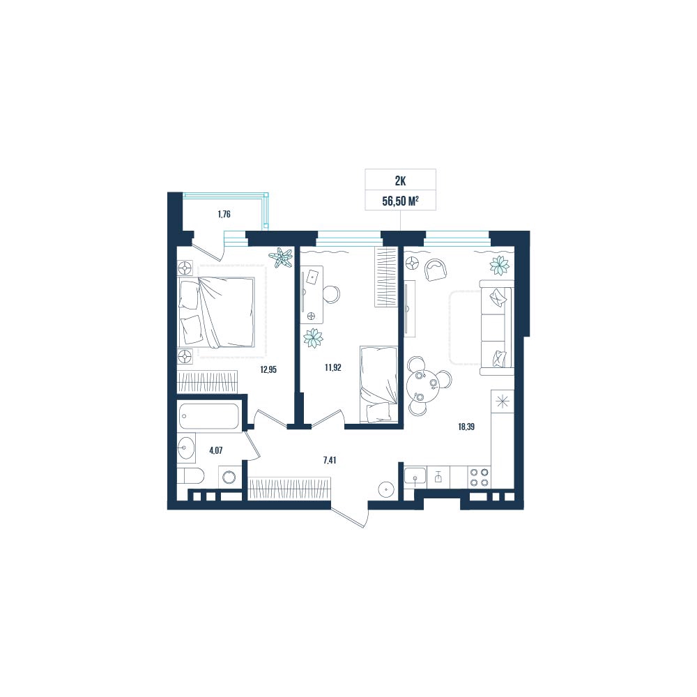 Планировка: Евротрешка 56.5 м² в ЖК Смородина, Мелиораторов