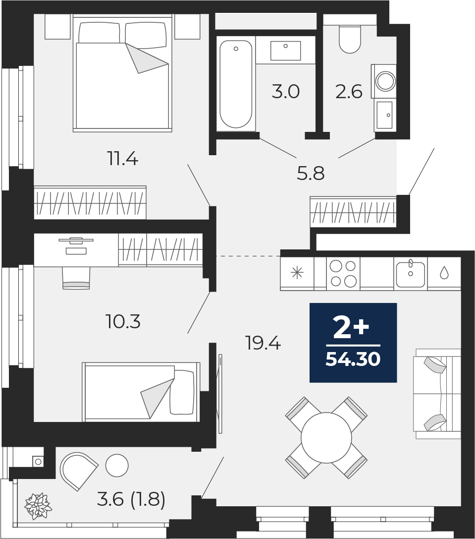 Планировка: Евротрешка 56.1 м² в ЖК Мириады, Мыс