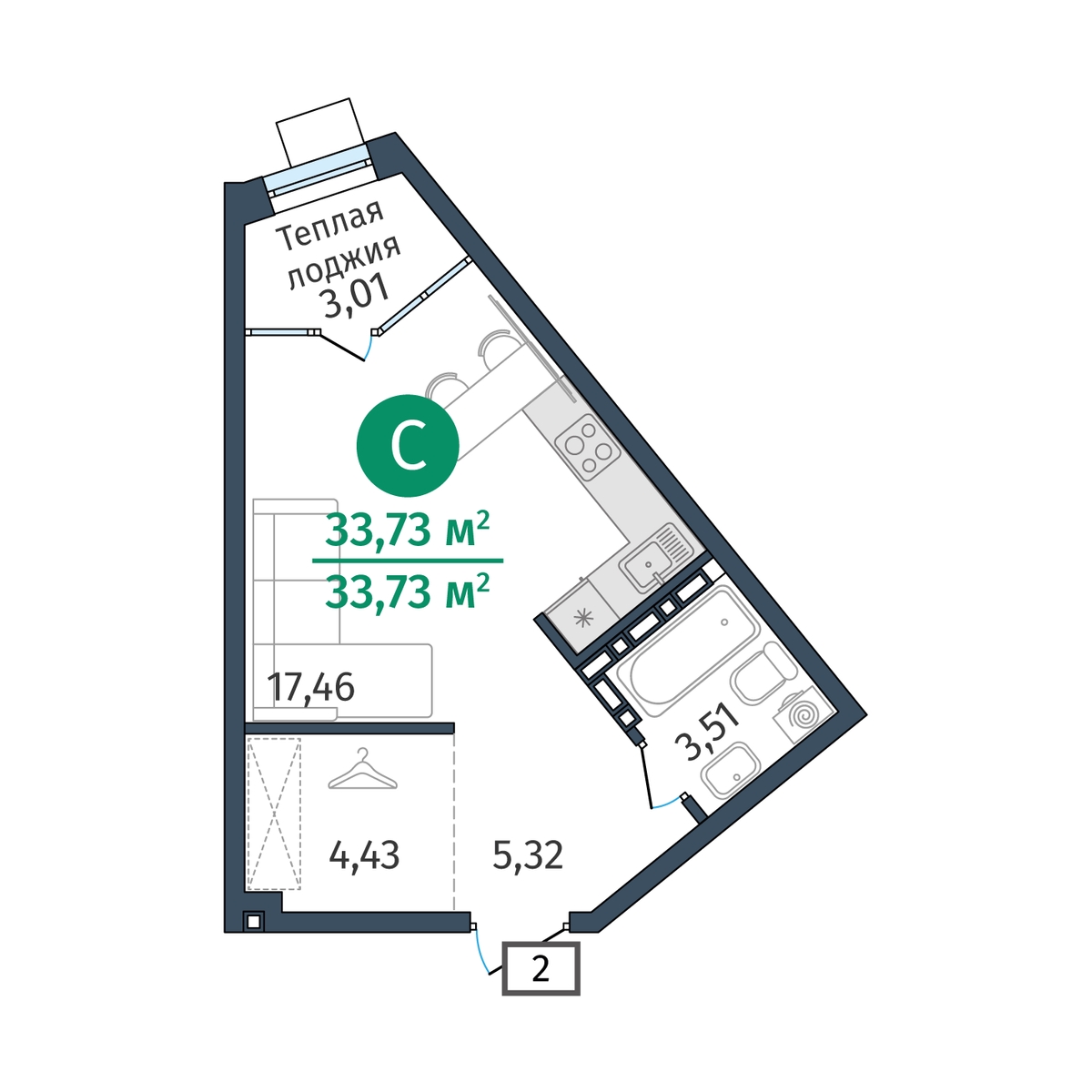 Планировка: Студия 33.7 м² в ЖК Гринвуд, От Слободы до Комарово парк