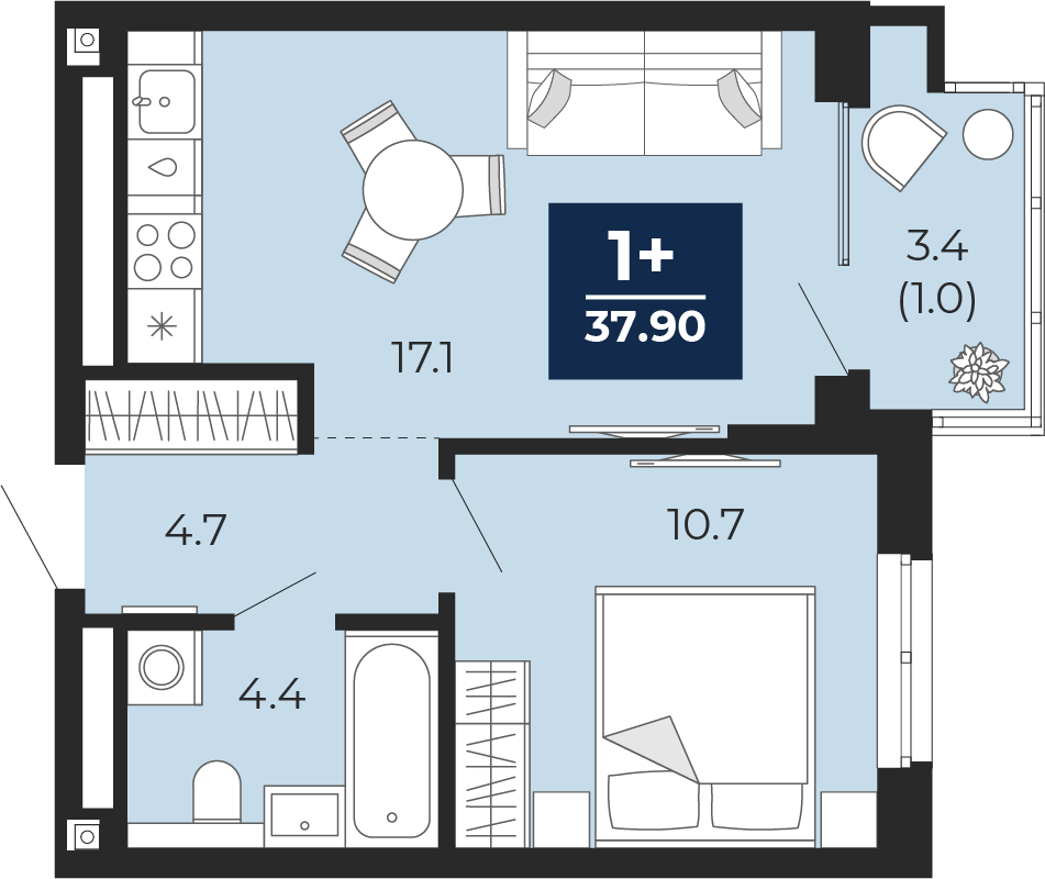 Планировка: Евродвушка 40.3 м² в ЖК Мириады, Мыс