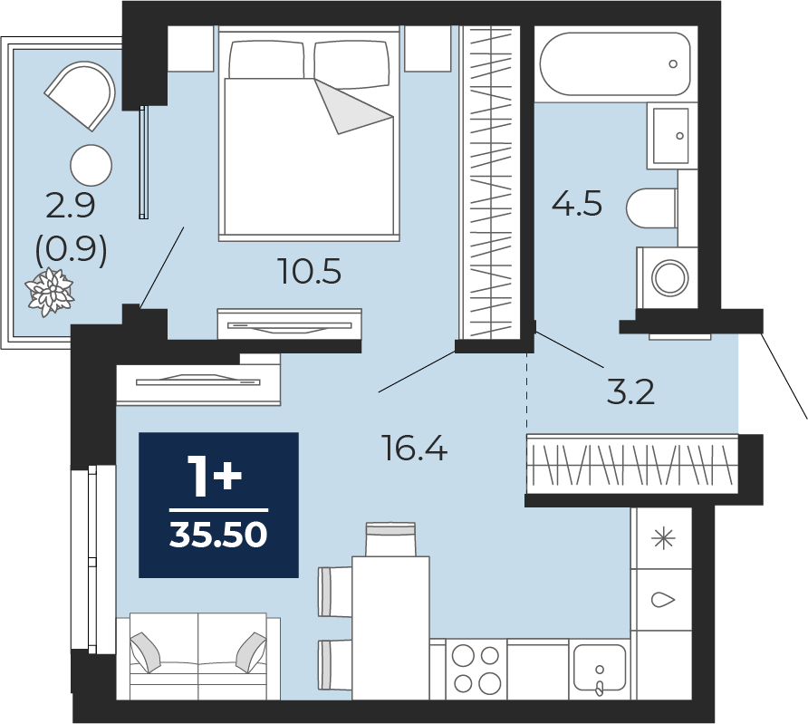 Планировка: Евродвушка 37.5 м² в ЖК Мириады, Мыс