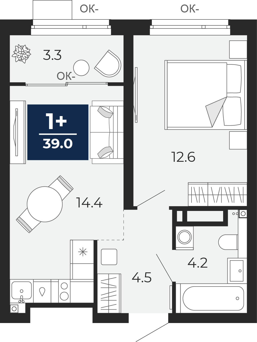 Планировка: Евродвушка 39.7 м² в ЖК Прео, Тюменская слобода