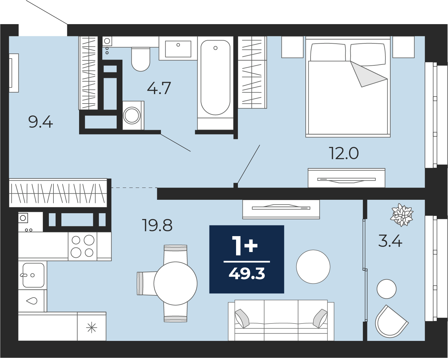 Планировка: Евродвушка 50.3 м² в ЖК Прео, Тюменская слобода