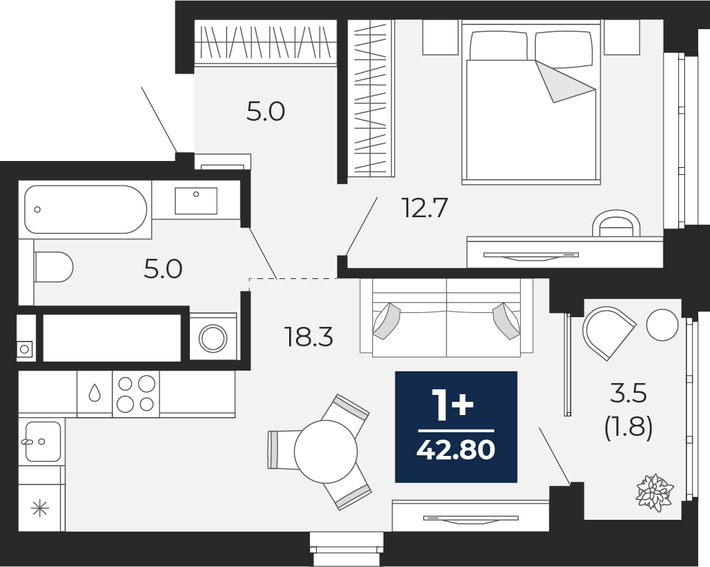 Планировка: Евродвушка 44.5 м² в ЖК Мириады, Мыс