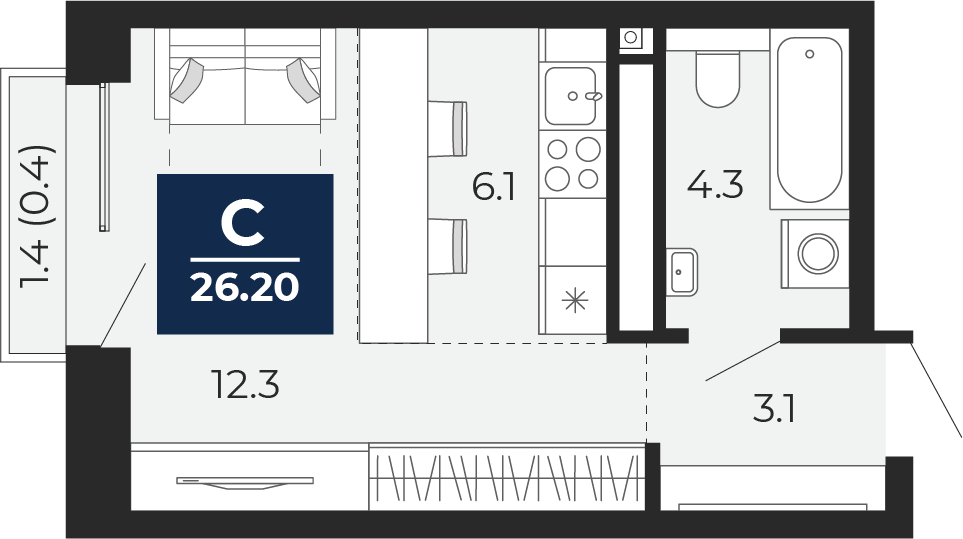 Планировка: Студия 27.2 м² в ЖК Мириады, Мыс