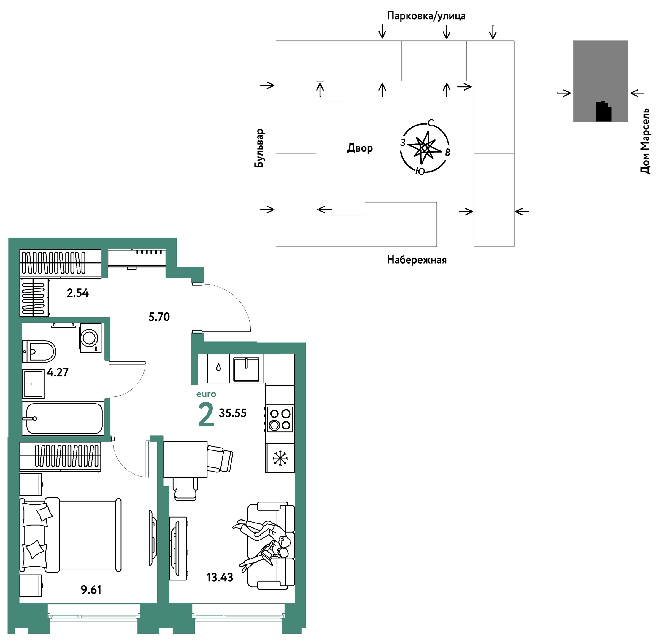 Планировка: Евродвушка 35.5 м² в ЖК Европейский берег 2.0, Европейский