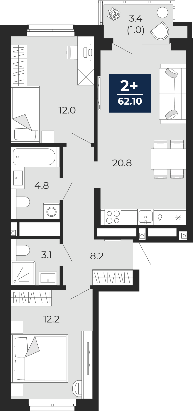 Планировка: Евротрешка 64.5 м² в ЖК Мириады, Мыс