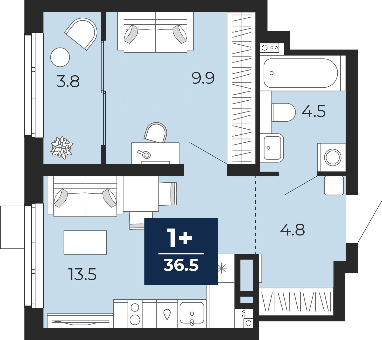 Планировка: Евродвушка 37.5 м² в ЖК Беринг, Лесобаза