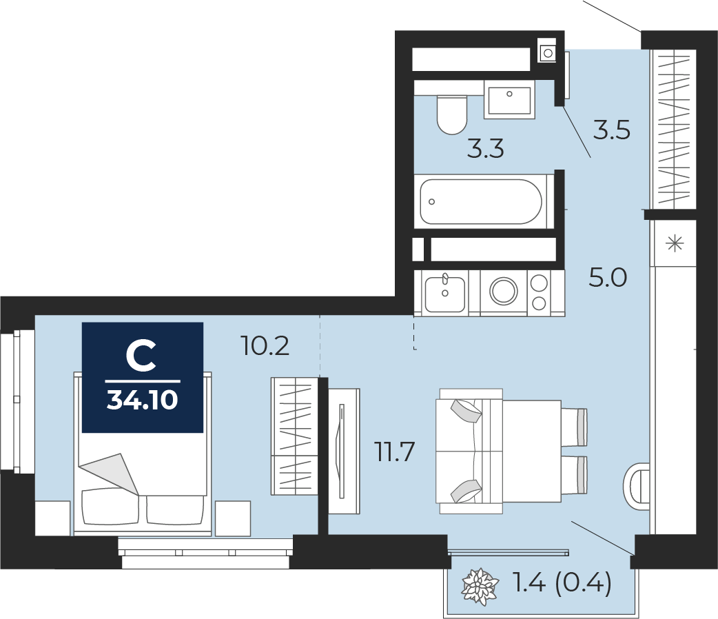 Планировка: Студия 35.1 м² в ЖК Мириады, Мыс