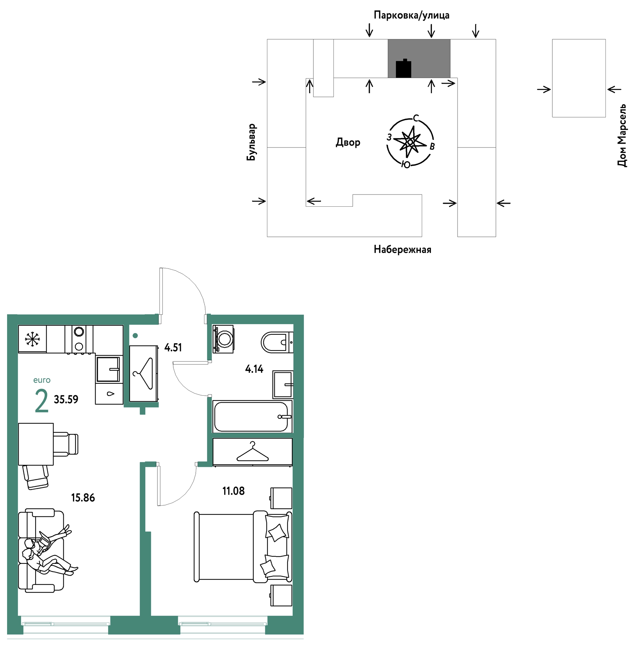 Планировка: Евродвушка 35.6 м² в ЖК Европейский берег 2.0, Европейский