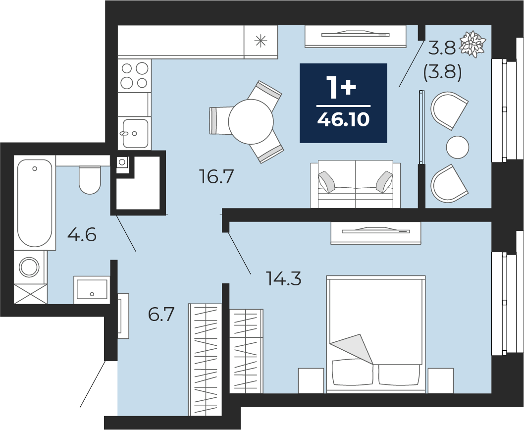 Планировка: Евродвушка 46.1 м² в ЖК Мириады, Мыс