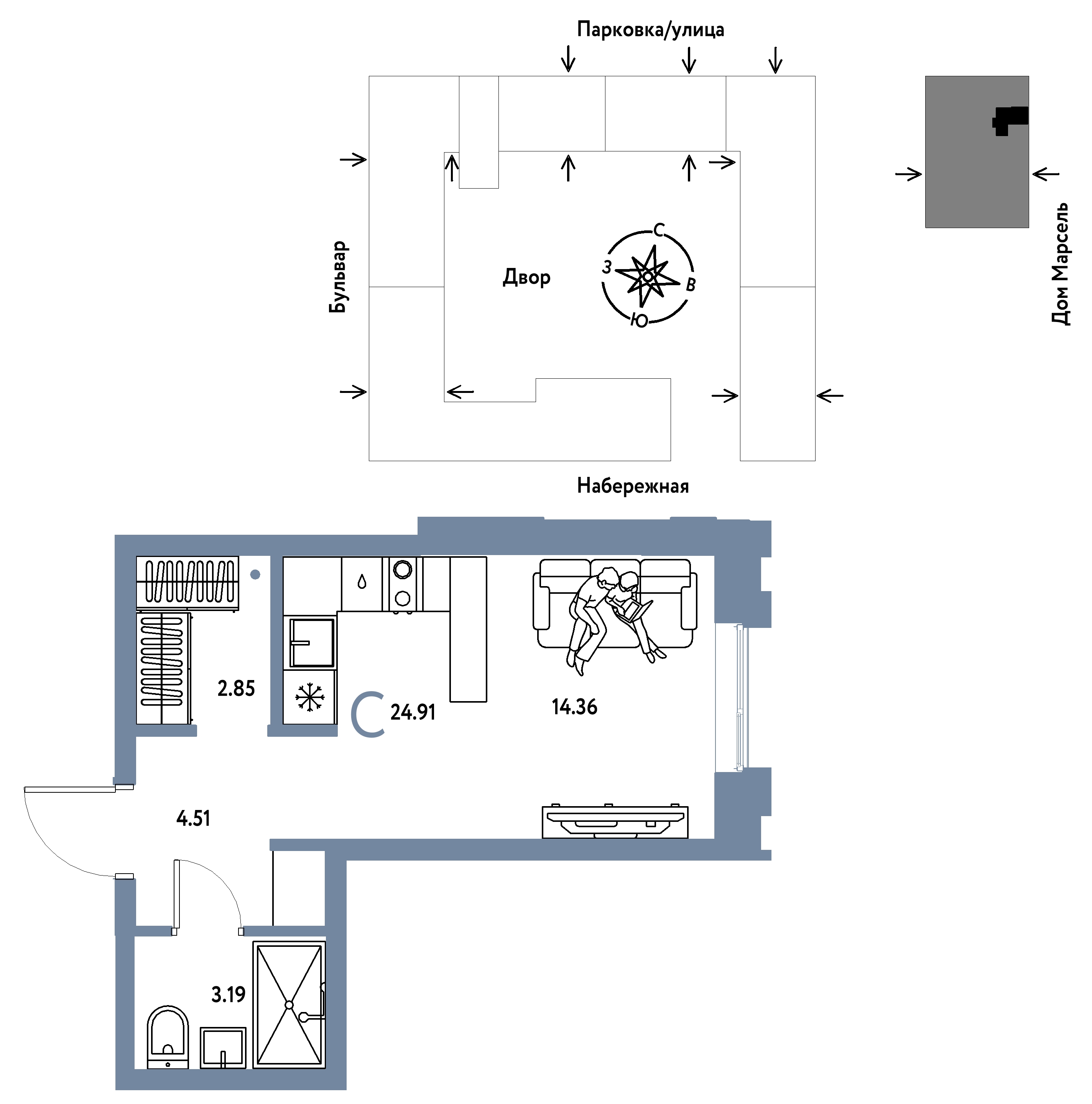 Планировка: Студия 24.9 м² в ЖК Европейский берег 2.0, Европейский