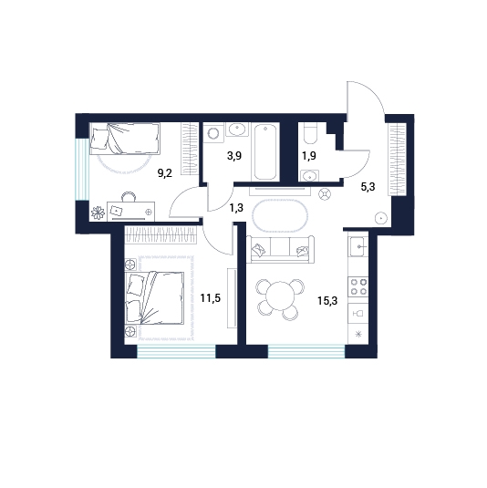 Планировка: Евротрешка 48.4 м² в ЖК AIRIS, Комарово Парк