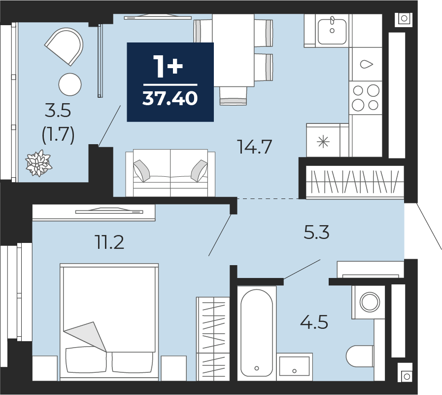 Планировка: Евродвушка 39.2 м² в ЖК Мириады, Мыс