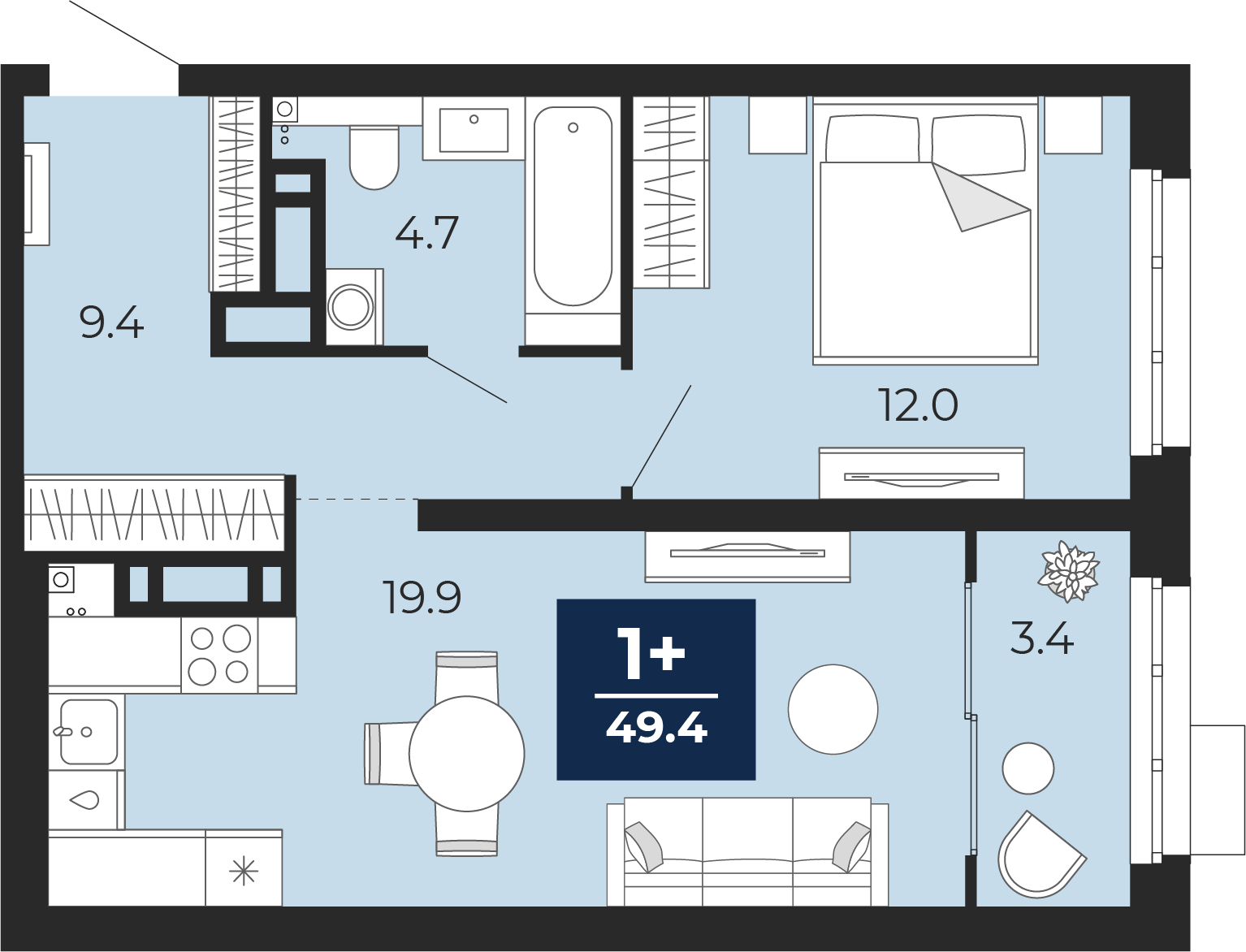 Планировка: Евродвушка 50.3 м² в ЖК Прео, Тюменская слобода