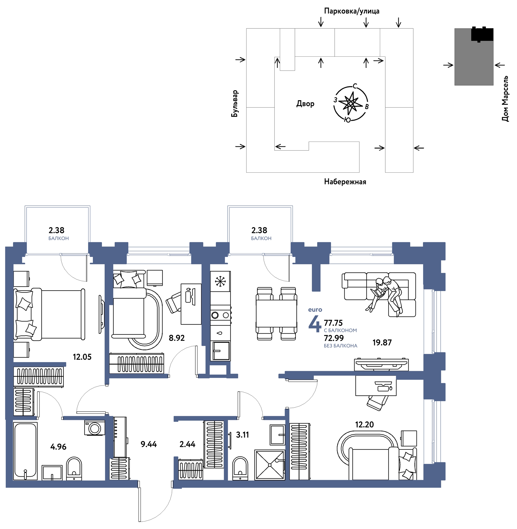 Планировка: 4-комнатная евро 77.8 м² в ЖК Европейский берег 2.0, Европейский