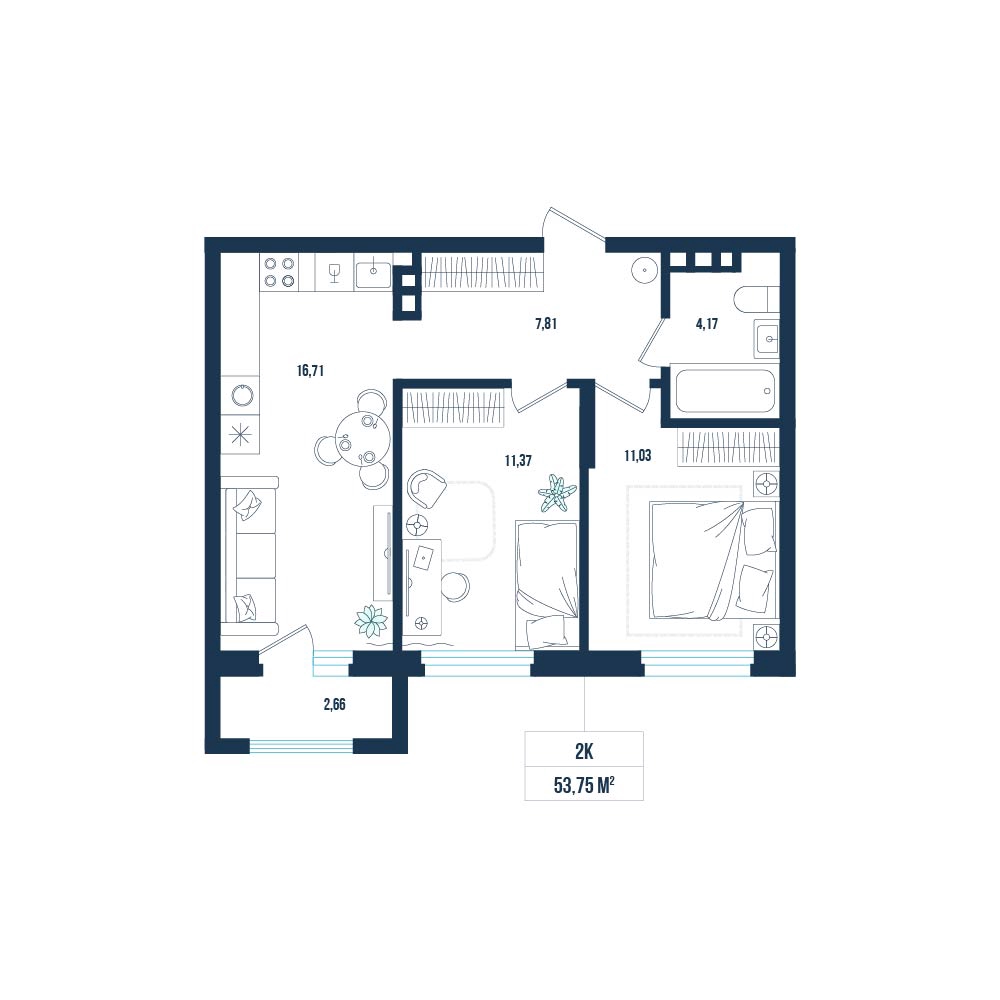 Планировка: Евротрешка 53.8 м² в ЖК Смородина, Мелиораторов