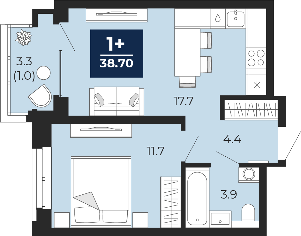 Планировка: Евродвушка 41 м² в ЖК Мириады, Мыс