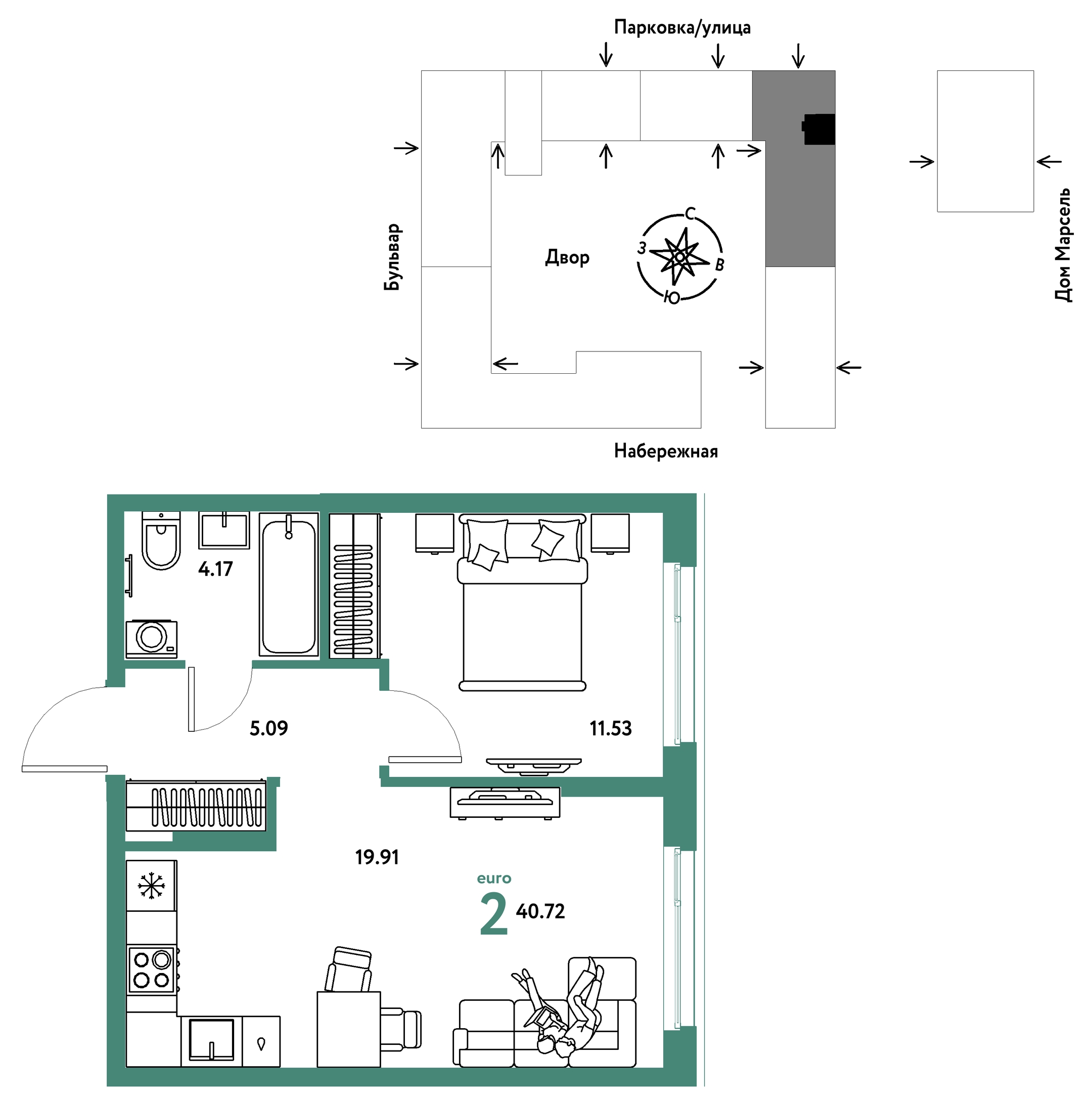 Планировка: Евродвушка 40.7 м² в ЖК Европейский берег 2.0, Европейский
