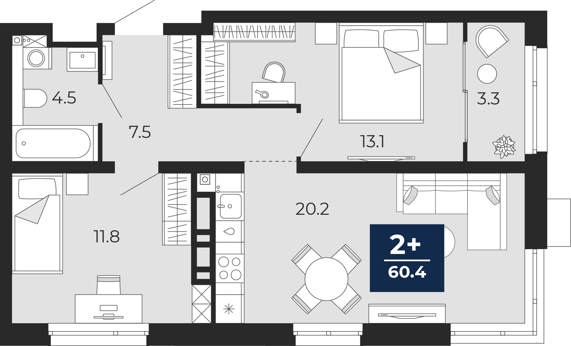 Планировка: Евротрешка 61.6 м² в ЖК Прео, Тюменская слобода