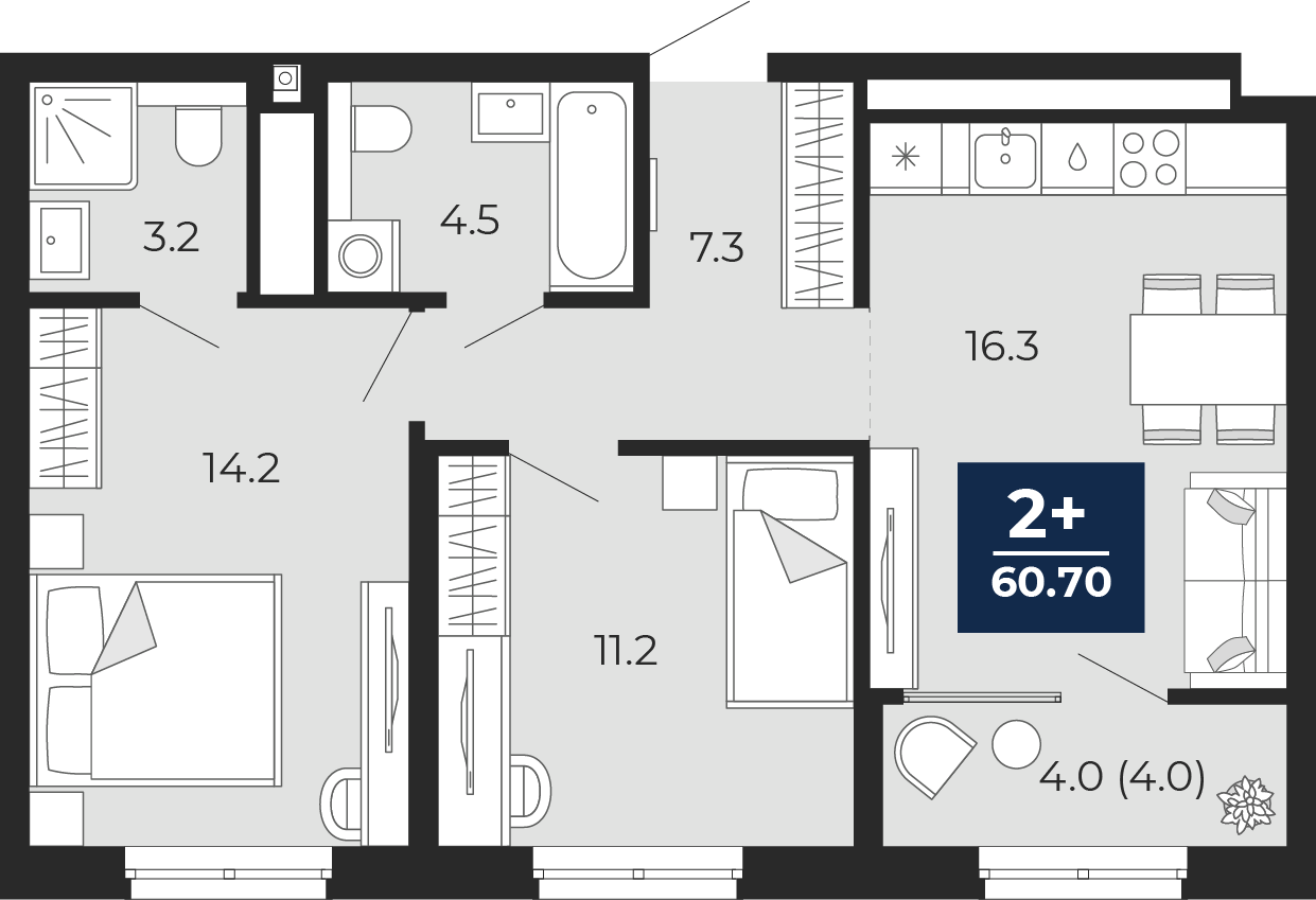 Планировка: Евротрешка 60.7 м² в ЖК Мириады, Мыс