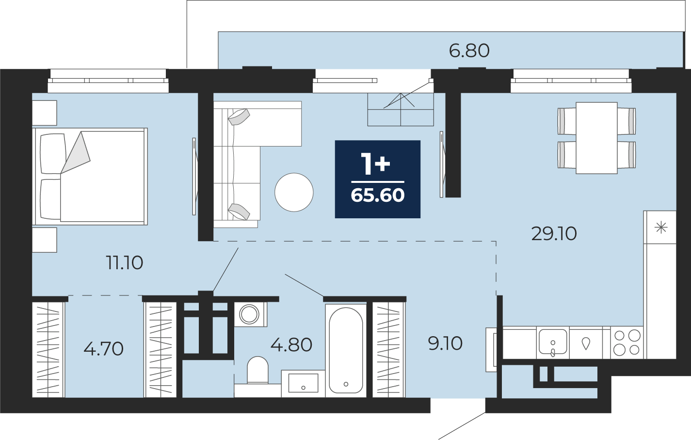 Планировка: Евродвушка 65.6 м² в ЖК Айвазовский, 5-й Заречный