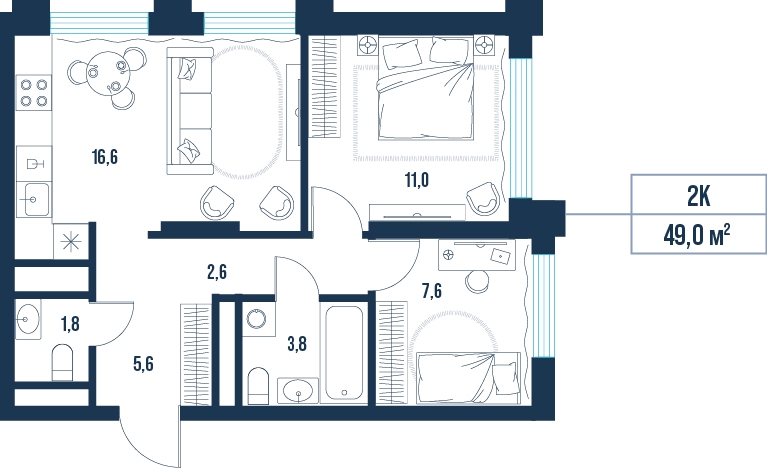 Планировка: Евротрешка 49 м² в ЖК AIRIS, Комарово Парк
