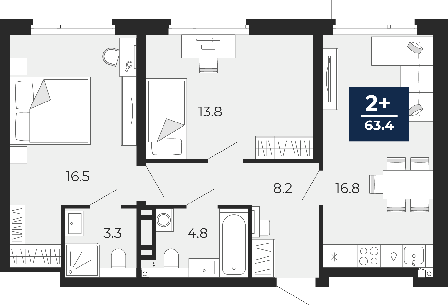 Планировка: Евротрешка 64.5 м² в ЖК Прео, Тюменская слобода