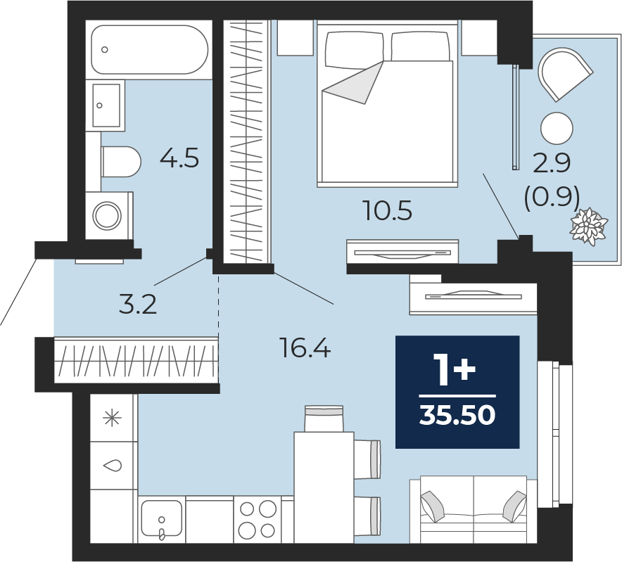 Планировка: Евродвушка 37.5 м² в ЖК Мириады, Мыс