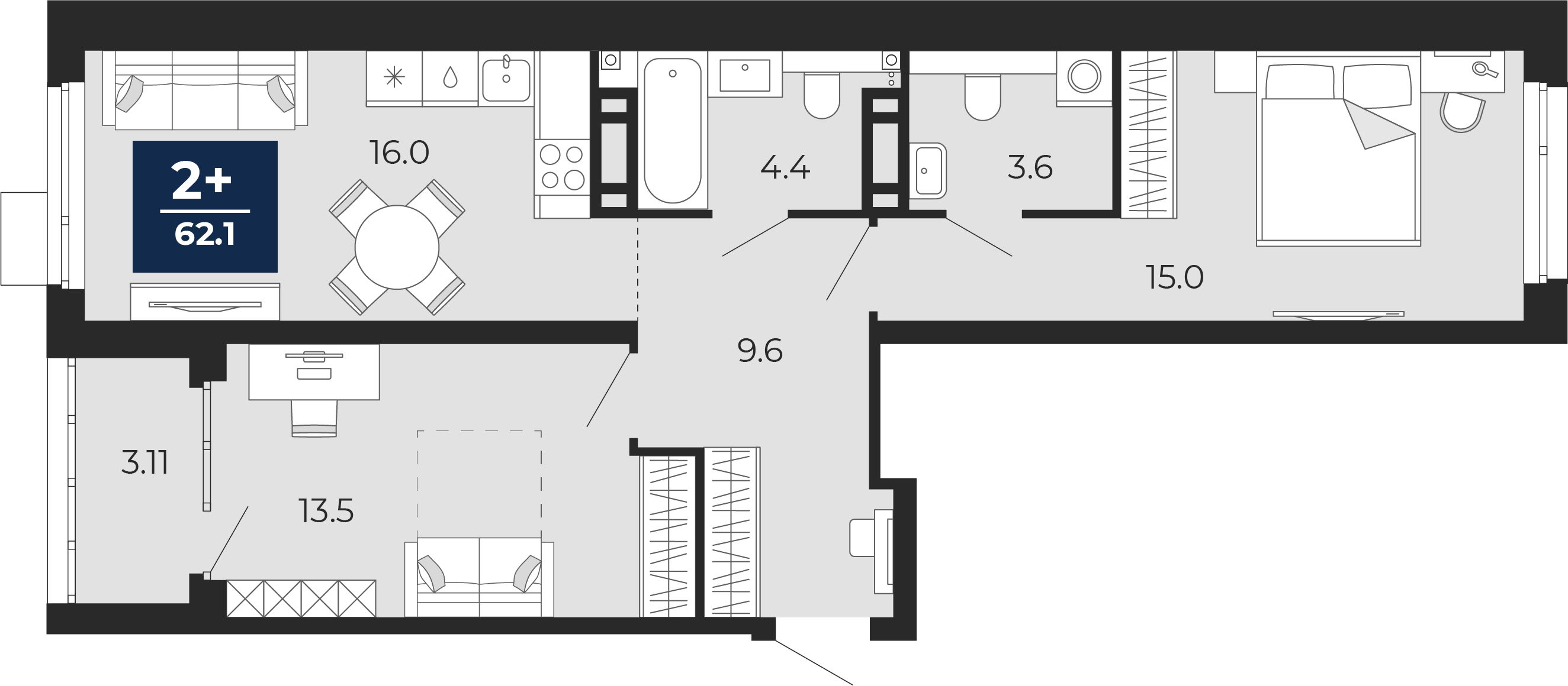 Планировка: Евротрешка 66.6 м² в ЖК Прео, Тюменская слобода