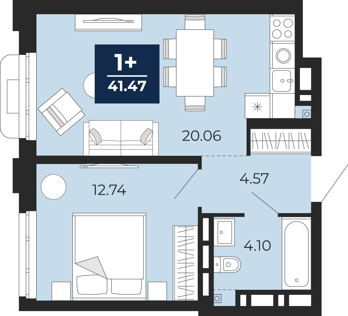 Планировка: Евродвушка 41.5 м² в ЖК Айвазовский, 5-й Заречный