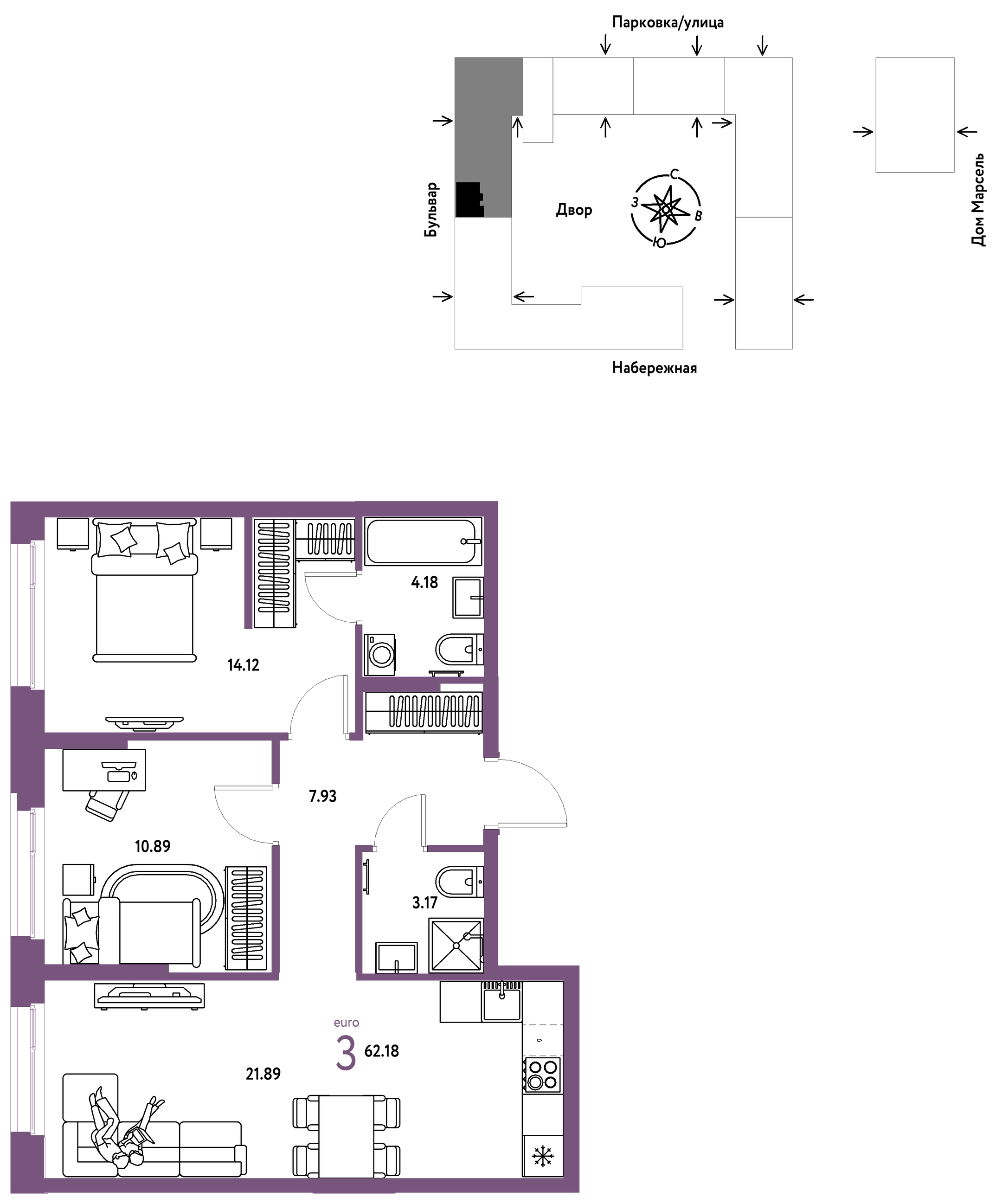 Планировка: Евротрешка 62.2 м² в ЖК Европейский берег 2.0, Европейский