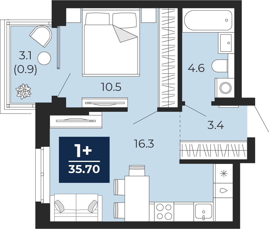 Планировка: Евродвушка 37.9 м² в ЖК Мириады, Мыс
