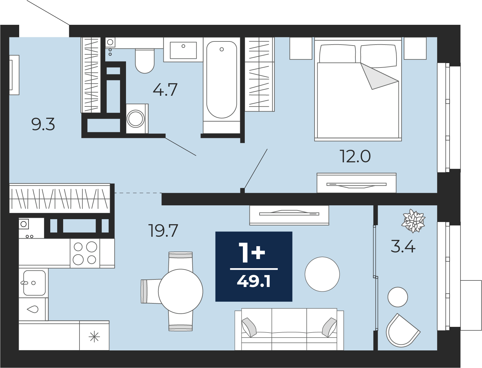 Планировка: Евродвушка 50.3 м² в ЖК Прео, Тюменская слобода