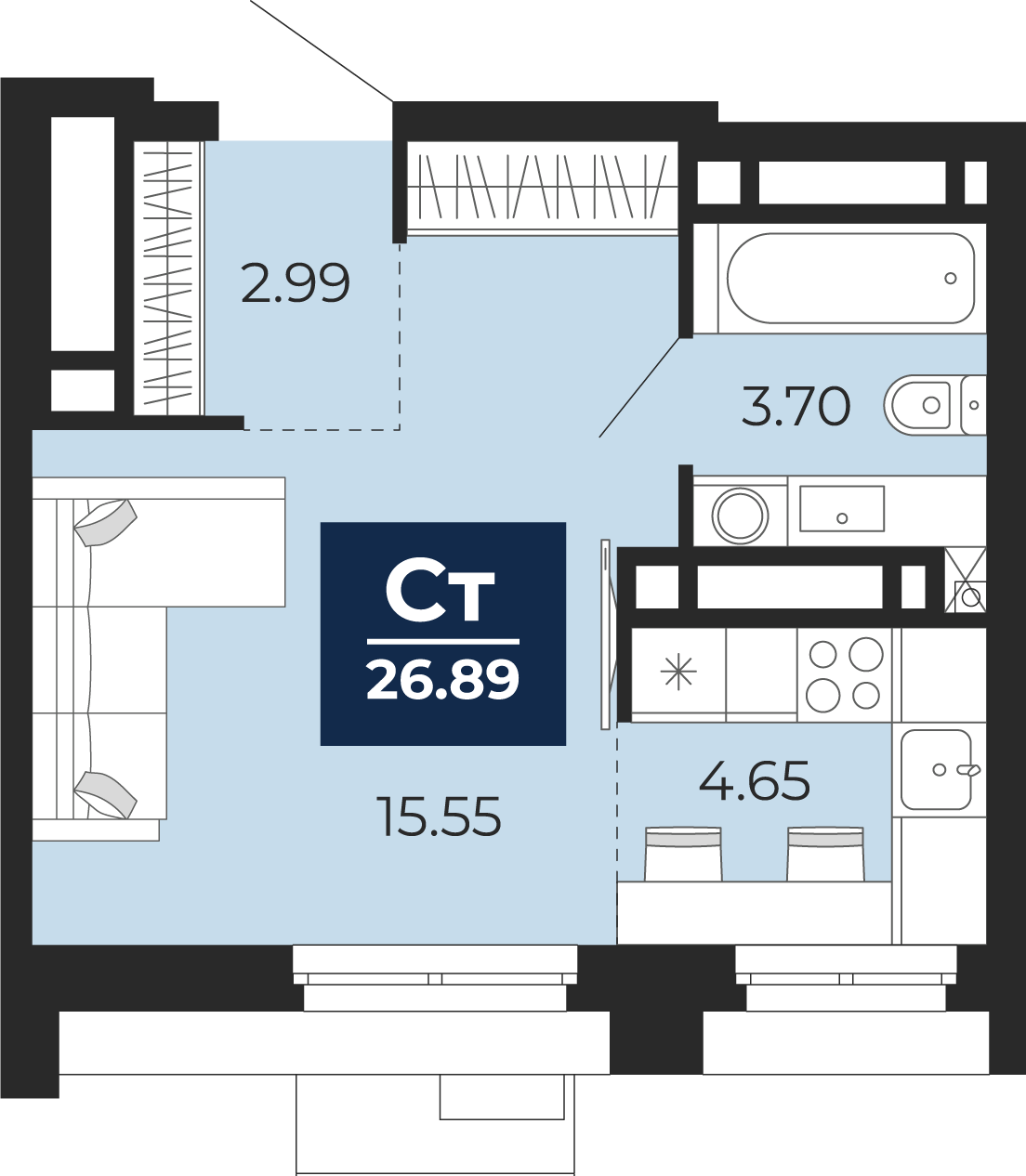 Планировка: Студия 26.9 м² в ЖК Айвазовский, 5-й Заречный