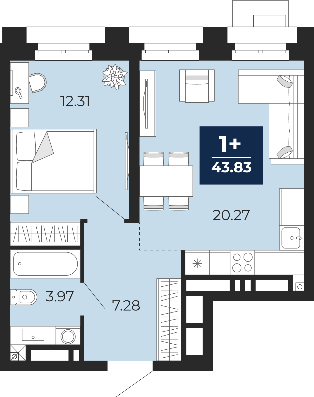 Планировка: Евродвушка 43.8 м² в ЖК Айвазовский, 5-й Заречный