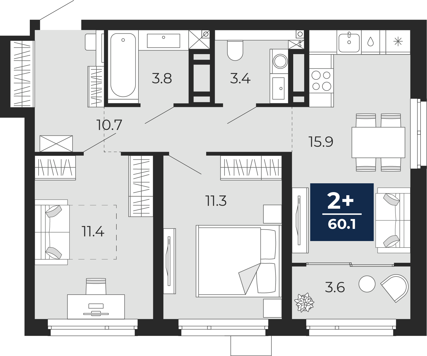 Планировка: Евротрешка 61.1 м² в ЖК Прео, Тюменская слобода