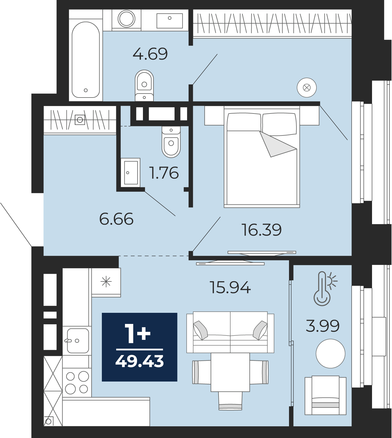 Планировка: Евродвушка 49.4 м² в ЖК Айвазовский, 5-й Заречный