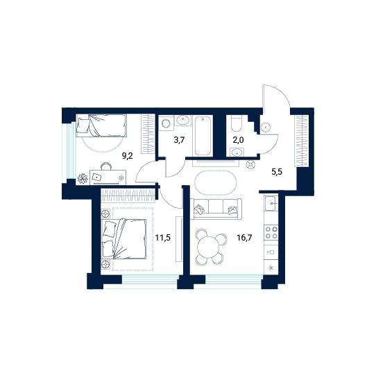 Планировка: Евротрешка 48.6 м² в ЖК AIRIS, Комарово Парк