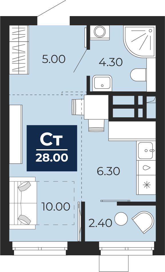 Планировка: Студия 28 м² в ЖК Айвазовский, 5-й Заречный