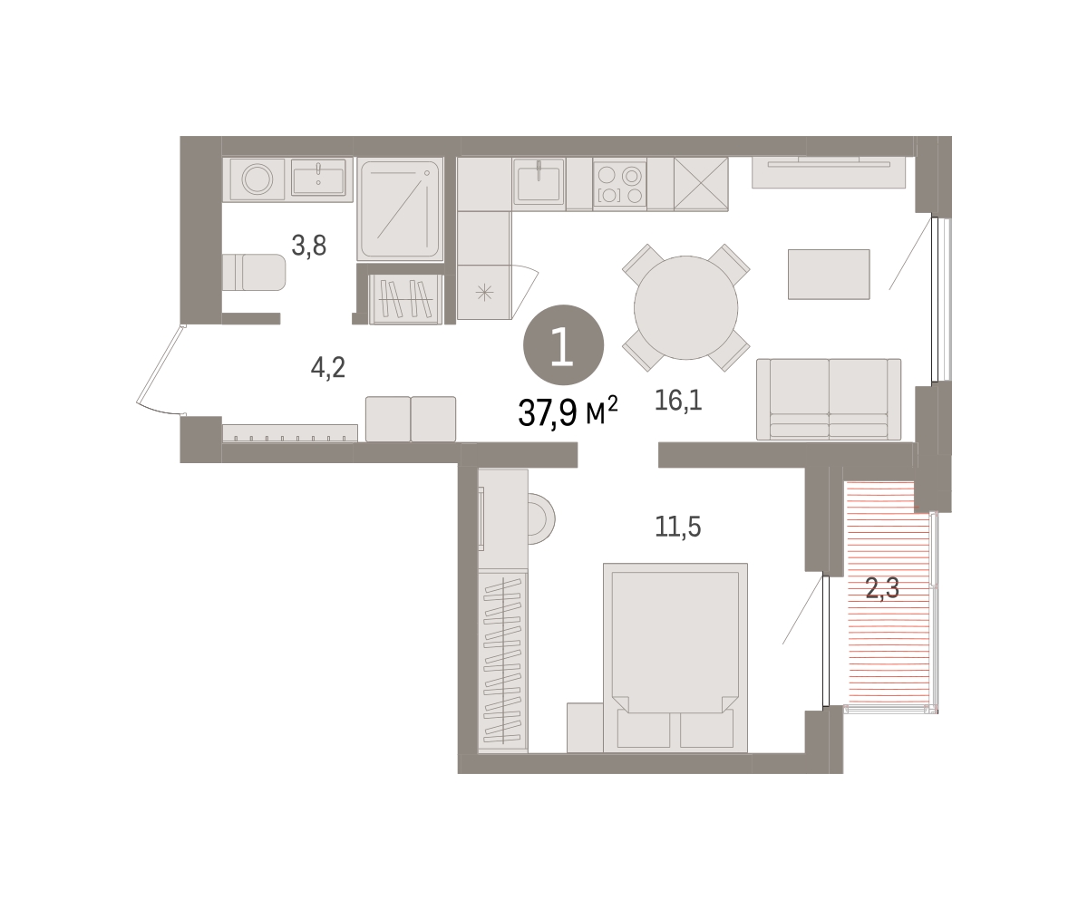 Планировка: 1-комнатная 37.9 м² в ЖК Зарека, Заречный