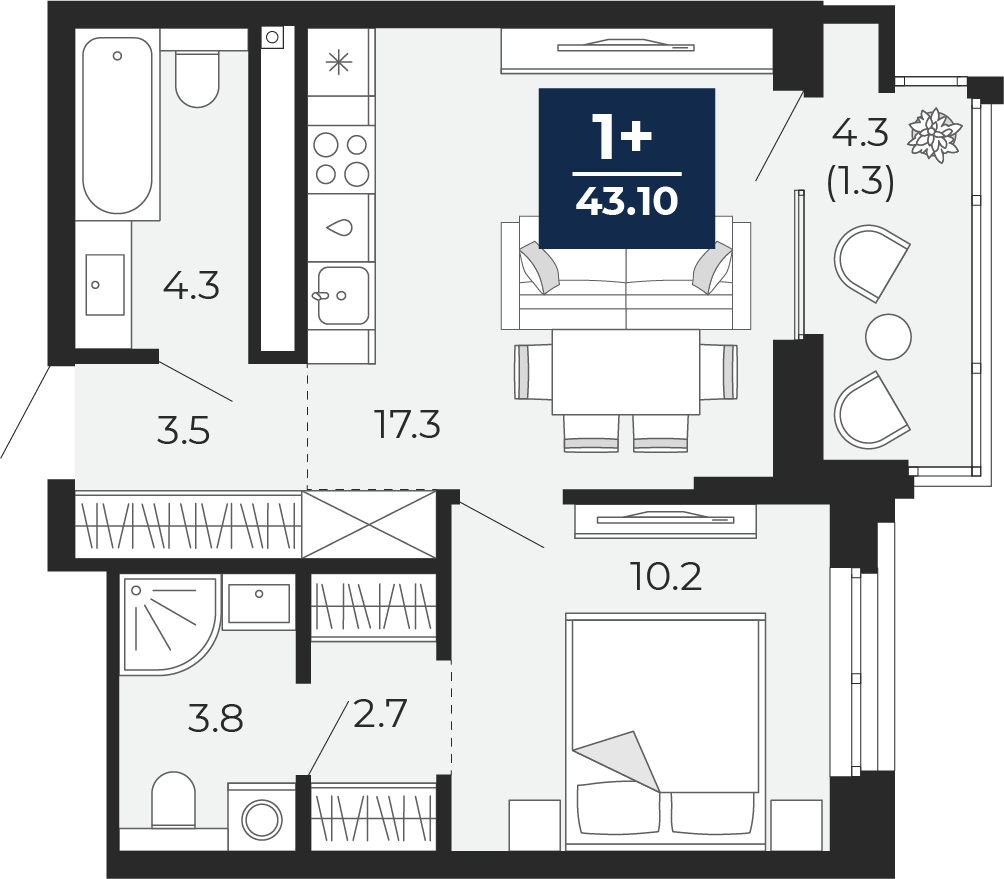 Планировка: Евродвушка 46.1 м² в ЖК Мириады, Мыс