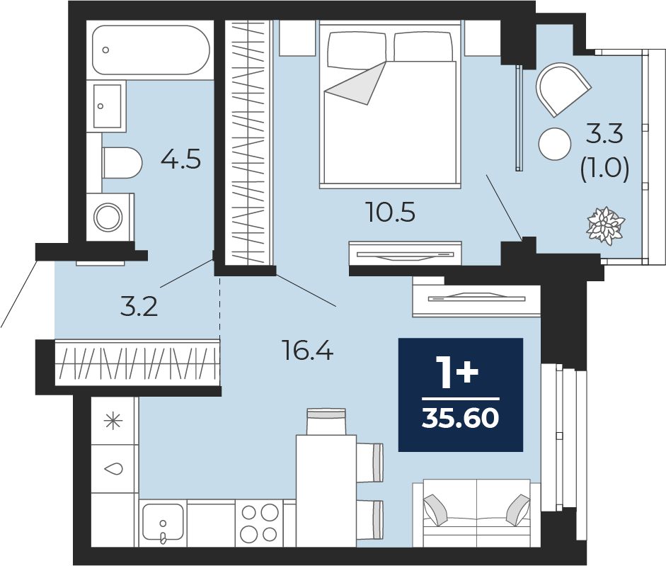 Планировка: Евродвушка 37.9 м² в ЖК Мириады, Мыс