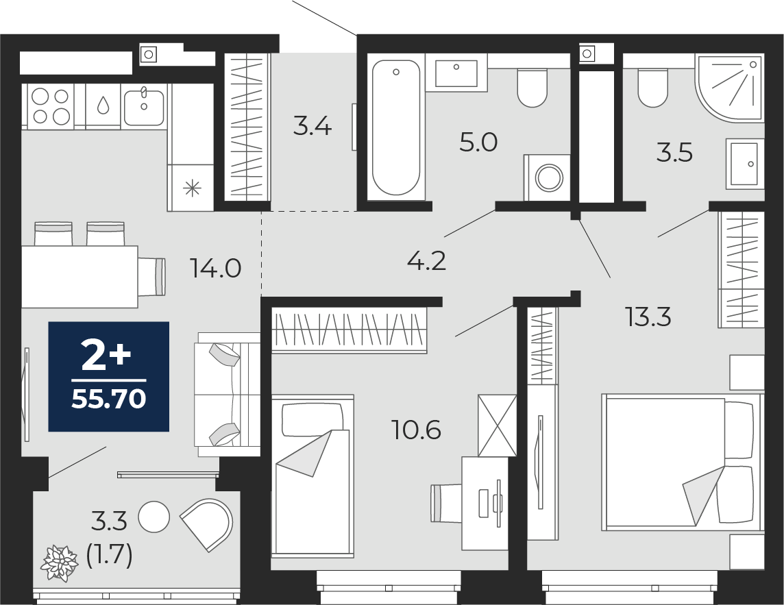 Планировка: Евротрешка 57.3 м² в ЖК Мириады, Мыс