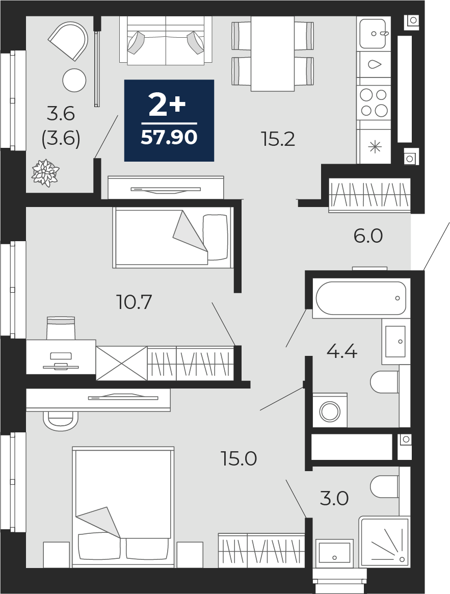 Планировка: Евротрешка 57.9 м² в ЖК Мириады, Мыс