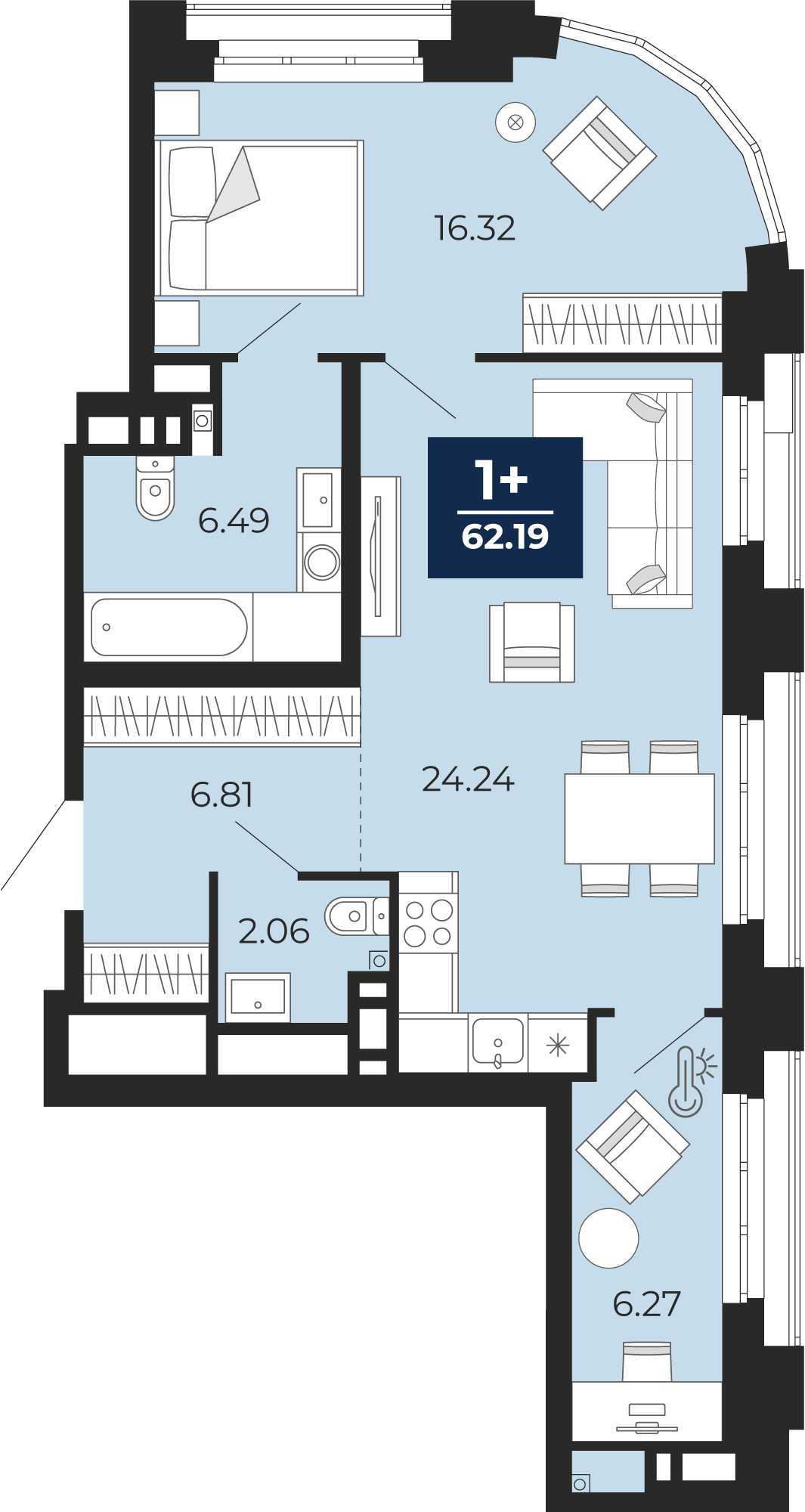Планировка: Евродвушка 62.2 м² в ЖК Айвазовский, 5-й Заречный